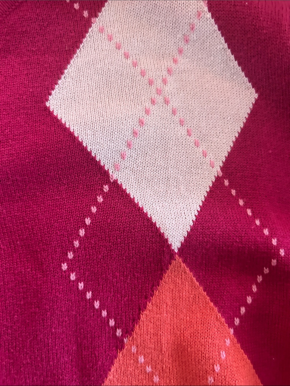 Karen Scott Fuchsia Pink Argyle Button Cardigan with Cream and Orange Diamonds - Picture 3 of 5